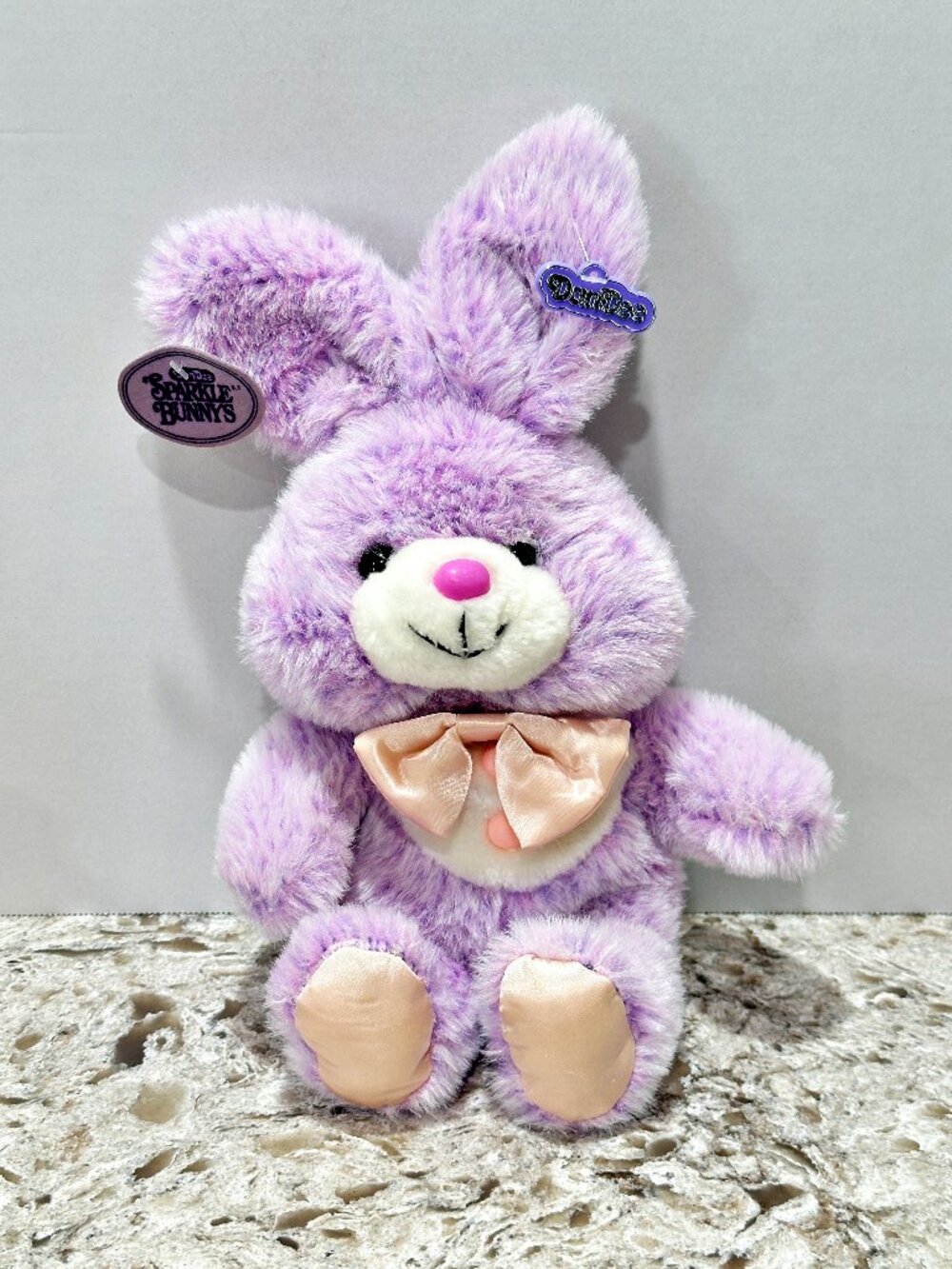 Vintage Dan Dee Sparkle Bunnys Purple Rabbit Plush 13 Inch 1980s Satin Bow Feet